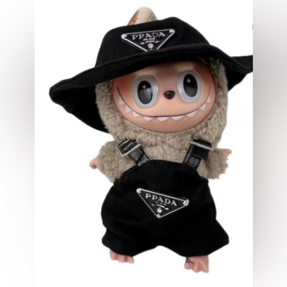 outfit designer type hat & overalls set for labubu